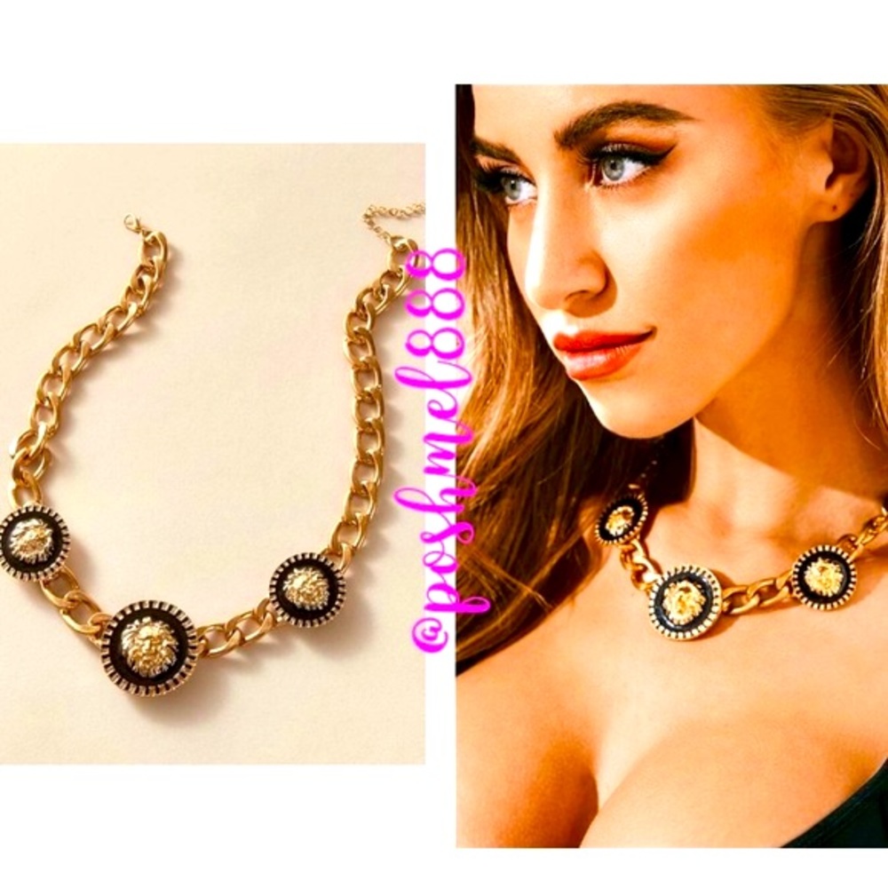 1990s Style Glam Chunky Gold + Black Medusa Lion Head Vintage Choker Nec…